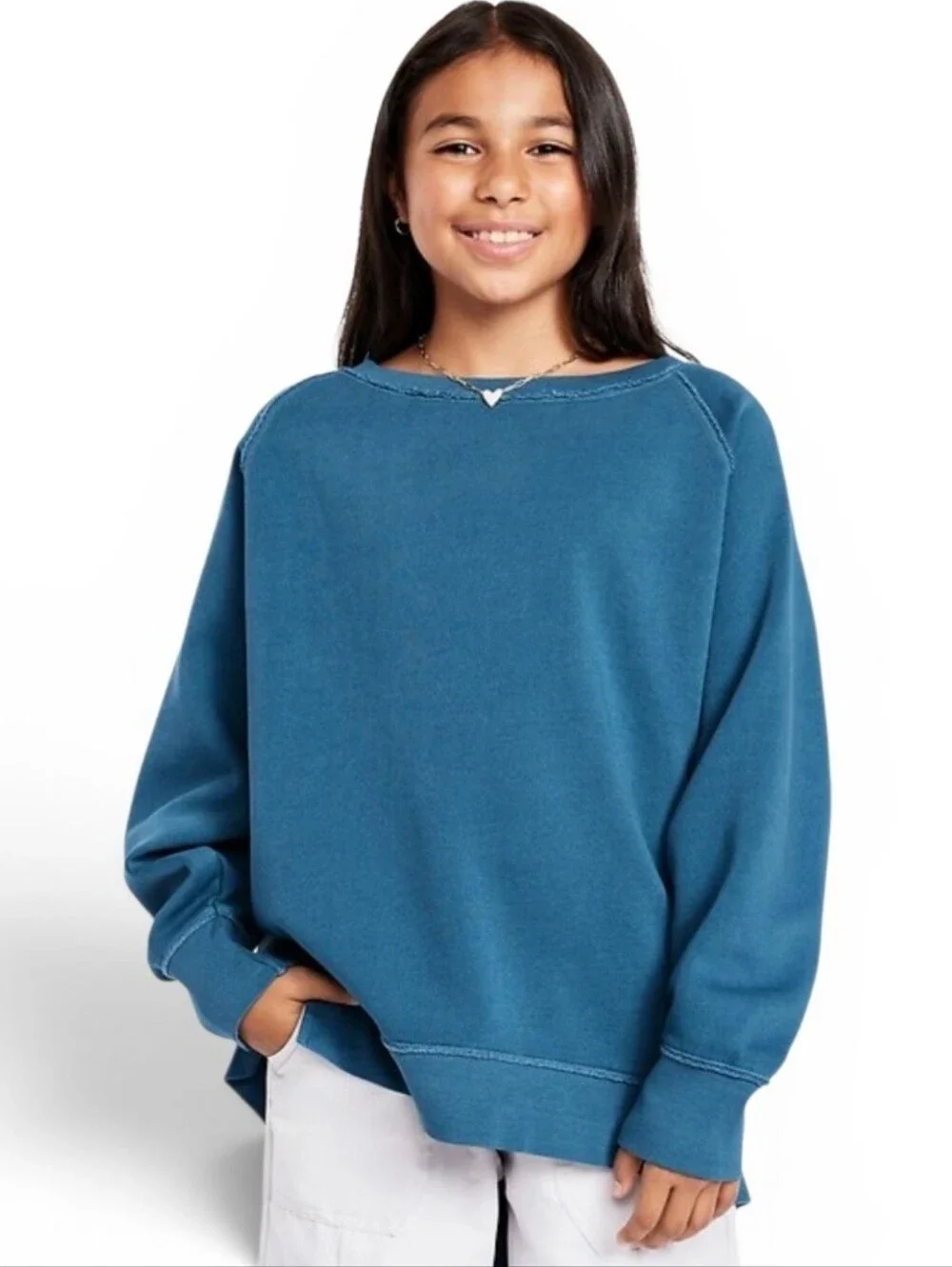 Old Navy Girls Oversized Garment Washed Fleece Sweatshirt Blue Size Small 6/7